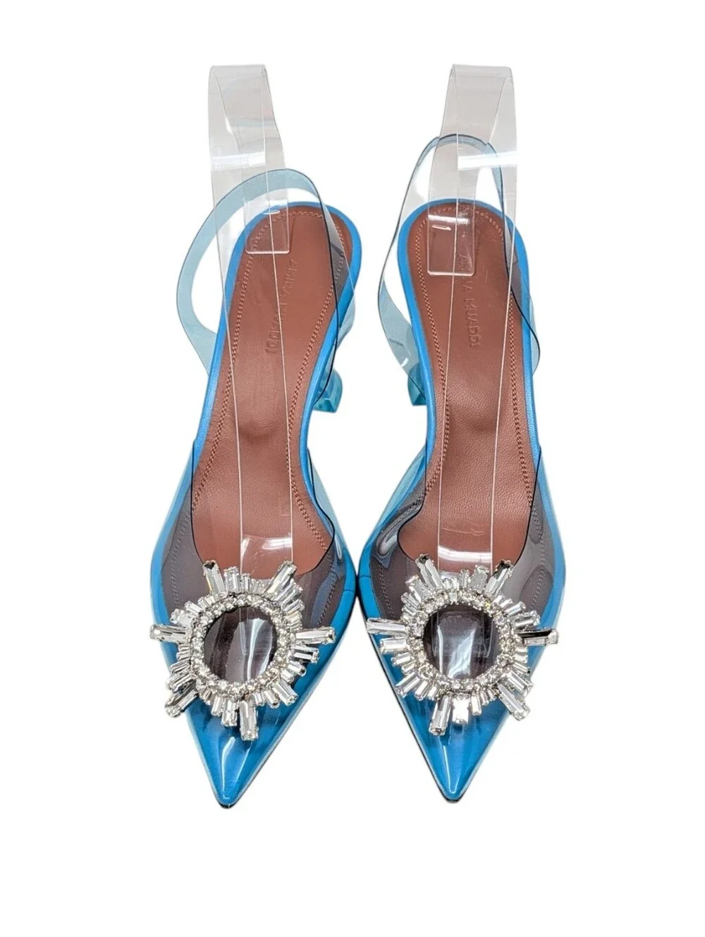 Amina Muaddi Begum PVC Plexi Glass Slingback Sky Blue 70mm Heel Size EU 39